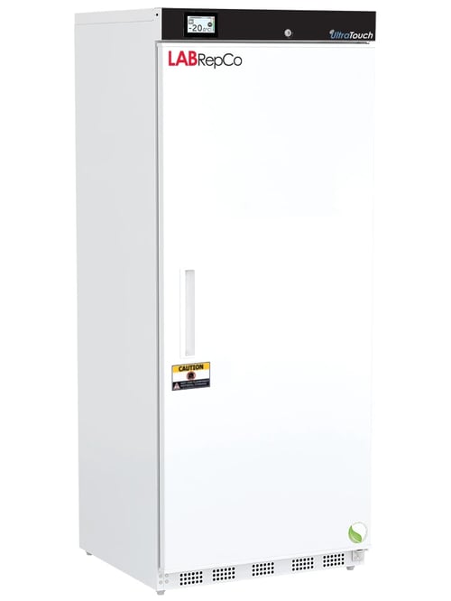 Labrepco labeled freezer with 20 Cu. Ft. interior capacity with solid white door that is closed with a recessed handle. Also has a touchscreen temperature display and caution sticker on the front of the unit