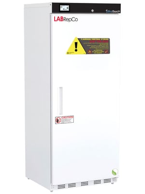 LabRepCo Ultra Touch Series Flammable Materials Storage 20 Cu. Ft. Laboratory Refrigerator with a closed solid door, recessed door handle and caution sticker