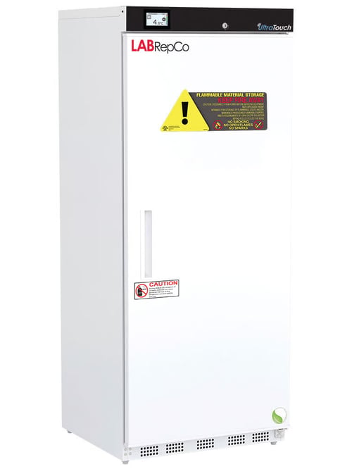 LabRepCo Ultra Touch Series Flammable Materials Storage 20 Cu. Ft. Laboratory Refrigerator with a closed solid door, recessed door handle and caution sticker