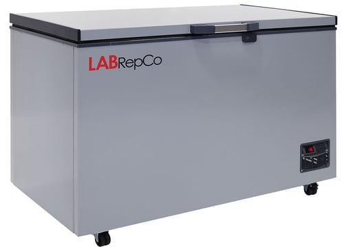 a labrepco brand chest style low temperature -45C freezer with an 11 cubic foot capacity and closed lid in a gray color