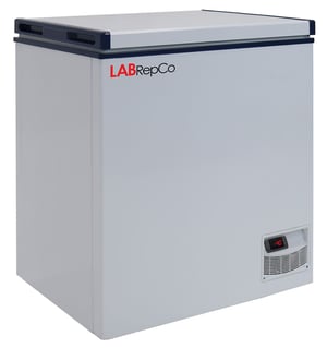 a labrepco brand chest style low temp -45C freezer with a 3.5 cubic foot capacity and closed lid