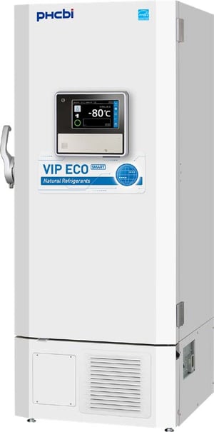 An Ultra-Low Temperature Freezer from PHCbi brands VIP® ECO SMART series, model MDF-DU503VHA-PA 18 cubic foot, with energy star certification and touchscreen