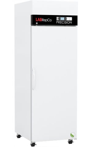 A LabRepCo labeled PRECISION Series 23 Cu. Ft. Laboratory Refrigerator with Touchscreen Controller at the top of the unit and closed solid Door. Also showing locking casters