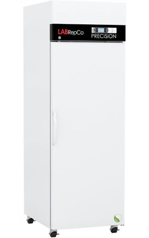 LabRepCo labeled Percision Series freezer with 23 Cu. Ft. interior capacity with a solid white exterior, a door that is closed with a white pull handle, and a temperature display. Also showing casters