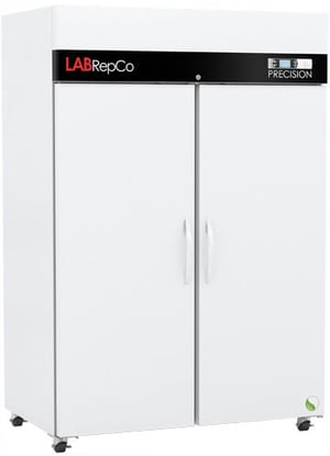 LabRepCo labeled Series freezer with 49 Cu. Ft. interior capacity with solid white double doors that are closed with pull handles, also showing casters and touch screen temperature display at the top of the unit