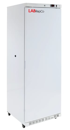 LabRepCo labeled freezer with 4 Cu. Ft. interior capacity that has a solid white exterior and closed door with recessed handle