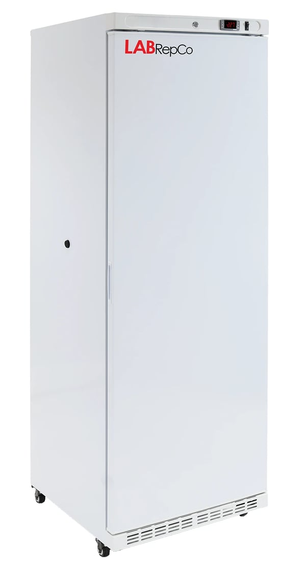 LabRepCo labeled freezer with 4 Cu. Ft. interior capacity that has a solid white exterior and closed door with recessed handle