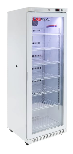 a labrepco labeled futura silver series 14 cu. ft. laboratory refrigerator with a closed glass door and casters