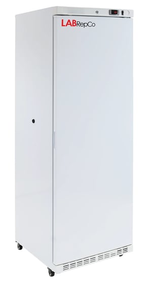 A LabRepco labeled Futura Silver Series 14 Cu. Ft. Pharmaceutical Laboratory Solid Door Refrigerator with closed door and casters