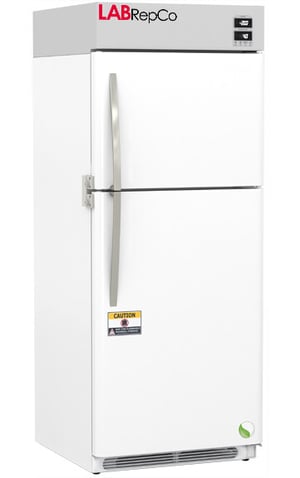 Labrepco labeled 16 cu.ft. laboratory Refrigerator & Freezer Stacked Combo unit with 13 fridge & 3 freezer interior capacity. Fridge has closed solid doors, a stainless steel upper control panel and a stainless steel pull handle