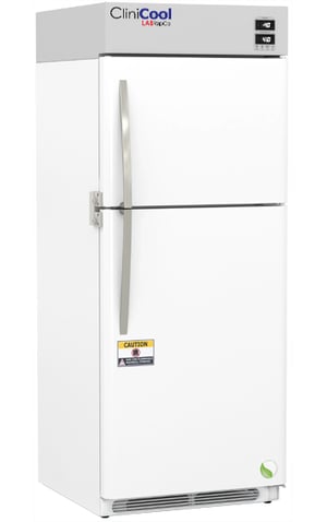 LabRepCo CliniCool© Silver Series 16 Cu. Ft. Pharmacy Refrigerator/Freezer Combo unit with Solid Doors, stainless steel pull handles on each door and dual temperature displays at the top of the unit. warning sticker on the bottom door