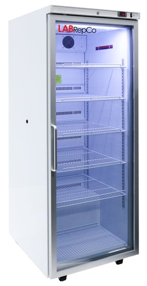A labrepco 24 cu. ft. laboratory refrigerator with a closed glass door, pull handle and leveling feet