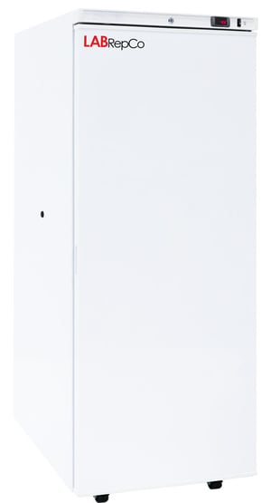 A labrepco 24 cu. ft. laboratory refrigerator with a closed solid door, recessed door handle and leveling feet