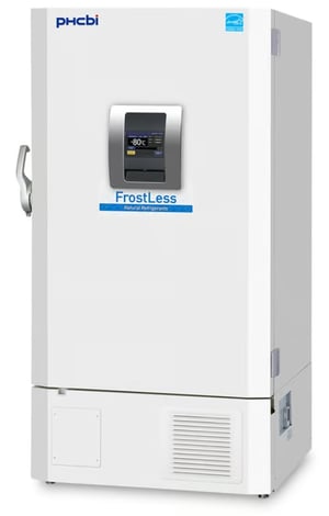 a a FrostLess series ultra-low freezer with a PHCbi logo and Energy Star label