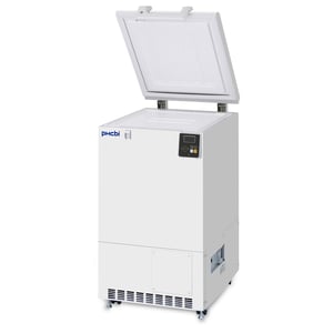 a PHCbi brand ultra-low temperature chest freezer with its lid open and facing to the left