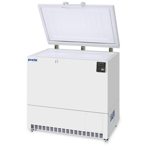 a PHCbi brand 6.4 cubic foot ultra-low temperature chest freezer with its lid open and facing to the left