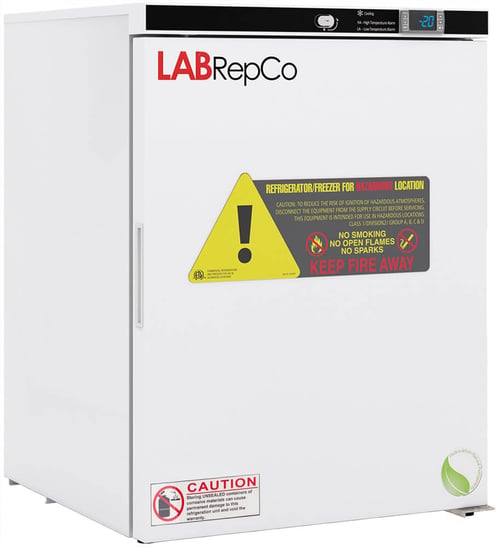 An undercounter, 5 cubic foot laboratory freezer for flammable material storage with a labrepco label and warning sticker