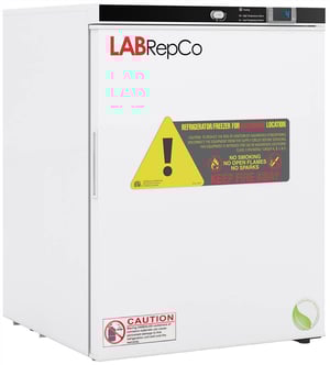 An undercounter, 5 cubic foot laboratory freezer for Hazardous material storage with a labrepco label and warning sticker