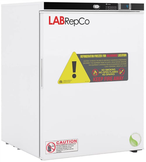 An undercounter, 5 cubic foot laboratory freezer for Hazardous material storage with a labrepco label and warning sticker