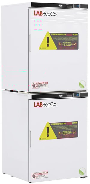 Refrigerator/Freezer Stacked Combo unit for flammable material storage with a labrepco label and warning stickers on upper and lower solid doors