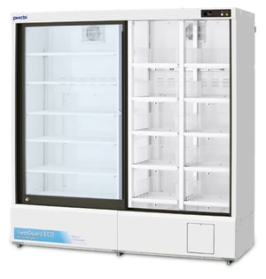 PHCbi MPR Series TwinGuard Eco 40.8 Cu. Ft. Pharmaceutical Refrigerator with Sliding Glass Doors, one side of doors is open showing two sets of shelves