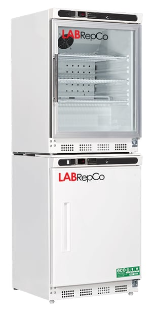Labrepco laboratory Refrigerator Freezer Stacked Combo unit with upper glass door with pull handle and lower solid door, 9 total cu.ft.