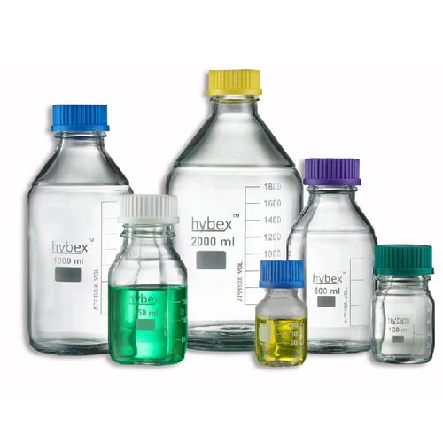 Hybex™ 50ml Glass Media Storage Bottles with standard (GL32) blue cap, 10/pk.