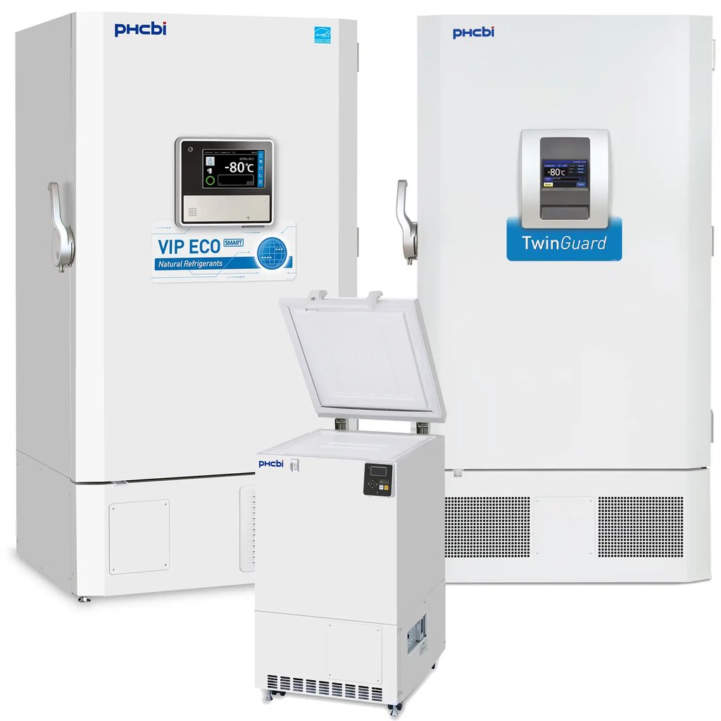 A group image of ultra-low temp freezers with large capacity upright freezers and a chest freezer, all ULT freezers are PHCbi branded