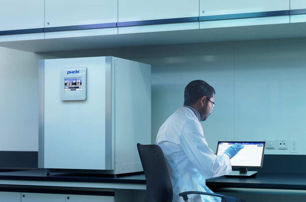 Back View Shot an Indian Male Working in a Modern Applied Science Laboratory. Using Digital Tablet Computer to Enter Analysis Daa After Successful Biological Experiment. Dark Lab with Cold Color.