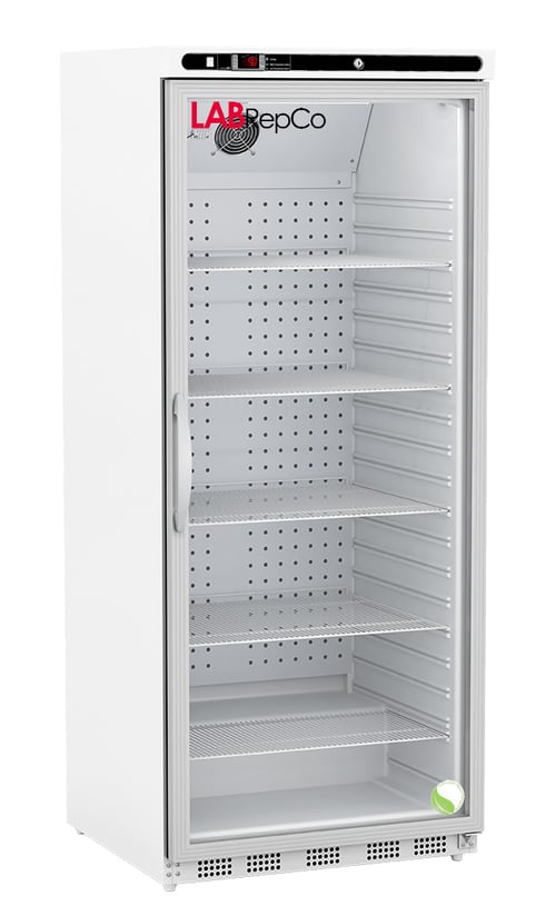 A Labrepco branded Futura Silver Series 20 Cu. Ft. Laboratory Refrigerator with a closed hinged Glass Door and pull handle