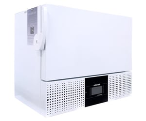 an Arctiko brand ULUF P90 model Small Benchtop Ultra-Low Freezer with temperature ranges of -25C down to -86C, with 3.1 cubic foot capacity in a white color