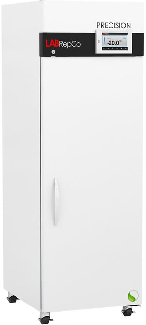 LabRepCo labeled Percision Series freezer with 23 Cu. Ft. interior capacity with a solid white exterior, a door that is closed with a white pull handle, and a LED color touchscreen display. Also showing casters