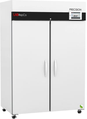 LabRepCo labeled Series freezer with 49 Cu. Ft. interior capacity with solid white double doors that are closed with recessed handles, also showing casters and touch screen temperature display at the top of the unit
