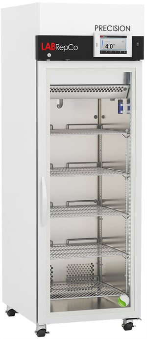 A LabRepCo labeled PRECISION Series 23 Cu. Ft. Laboratory Refrigerator with Touchscreen Controller at the top of the unit and closed Glass Door