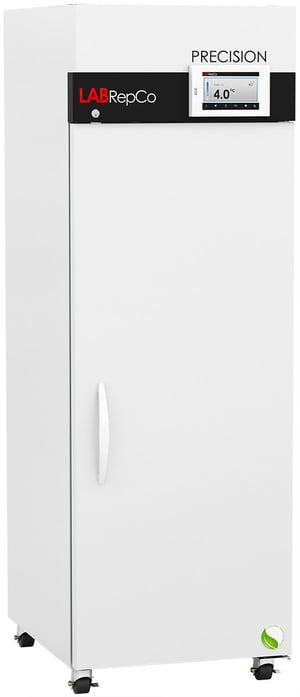 A LabRepCo labeled PRECISION Series 23 Cu. Ft. Laboratory Refrigerator with Touchscreen Controller at the top of the unit and closed solid Door with pull handle