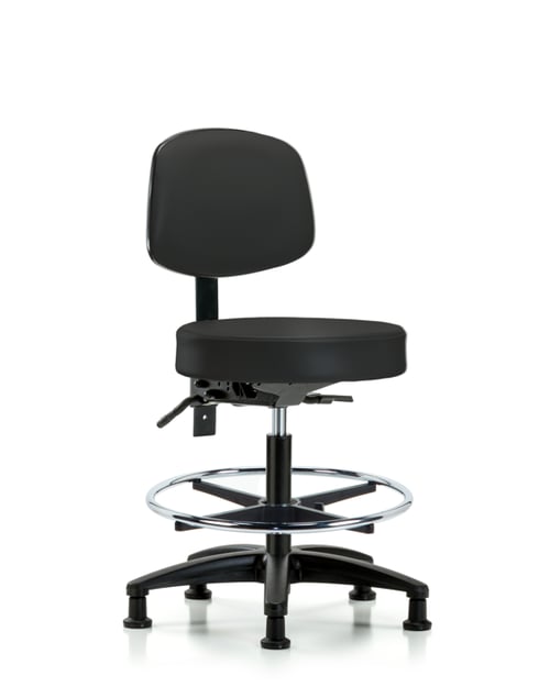 Rutledge Vinyl Laboratory Stool with Back | Medium Bench Height with Seat Tilt, Chrome Foot Ring, & Stationary Glides in Black Trailblazer™ Vinyl