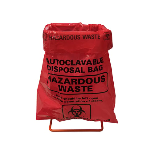 MTC-Bio Benchtop Disposal Set, includes metal stand (5x3x9") and 400 red biohazard bags (8.5x11")