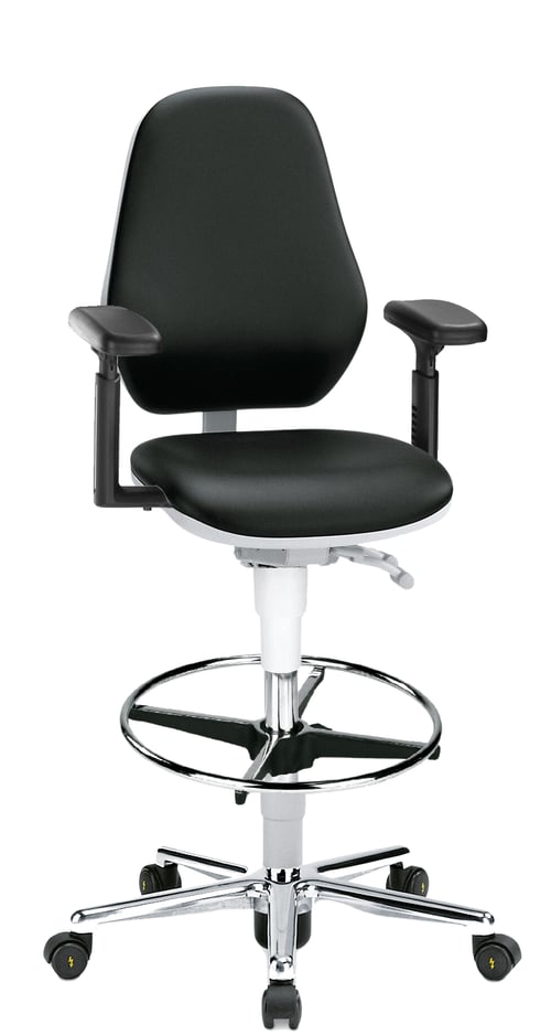 Bimos Cleanroom Basic Laboratory Chair 9145A+ | Desk to Bench Height | Freewheeling Casters | Black Vinyl w/ 4D Arms & Footring