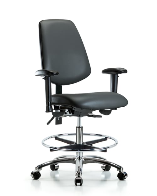 Rutledge Vinyl Chair | Medium Bench Height with Adjustable Arms, Chrome Foot Ring & Casters in Carbon Supernova Vinyl
