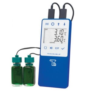 a digital data logger with 2 bottle probes, designed to track temperatures in a vaccine storage refrigerator or freezer