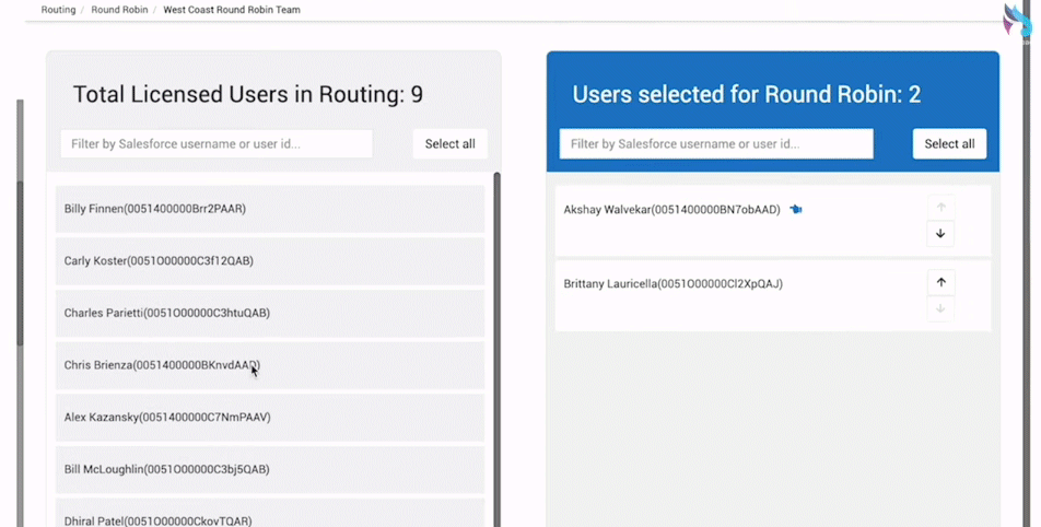 RingLead User Interface: Selecting Users for Round Robin
