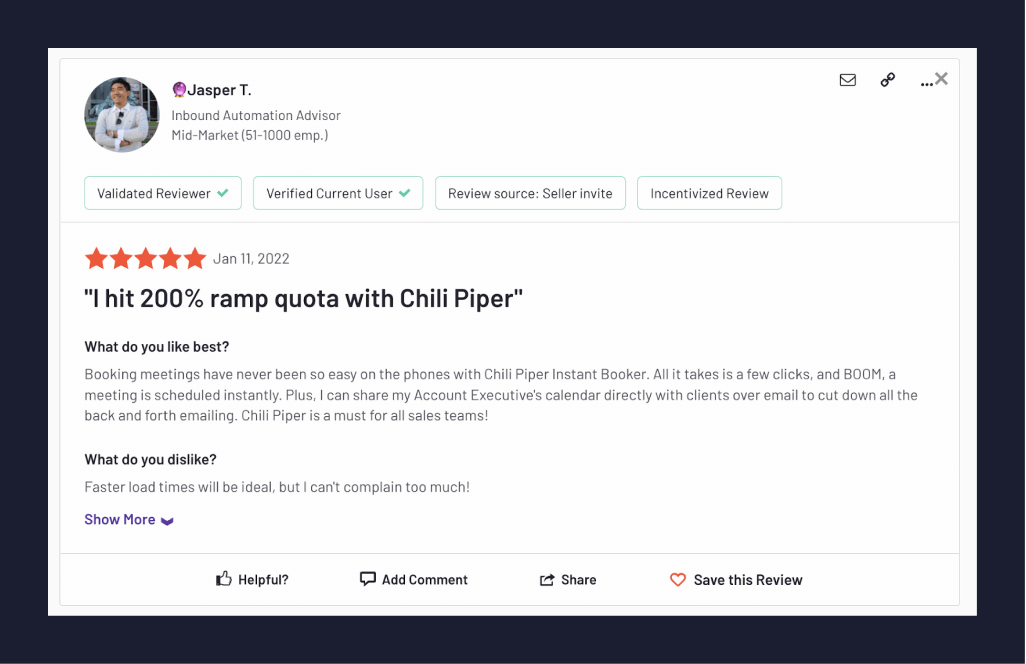 G2 review of Chili Piper: "I hit 200% ramp quota with Chili Piper"