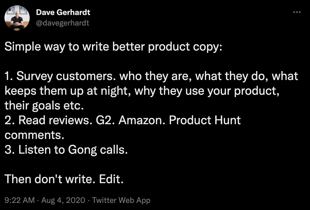 3 simple ways to write better product copy: Survey customers, read reviews, and listen to Gong calls