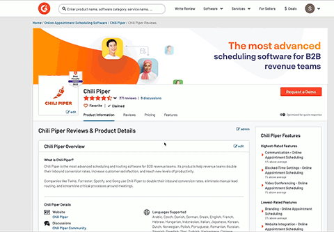 Gif of G2-Chili Piper Integration: Let your prospects schedule time with your sales reps from your G2 page