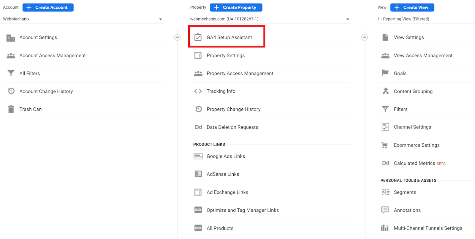 The first step to installing GA4 on your website is clicking into GA4 Steup Assistant, underneath the Property menu in your Admin console