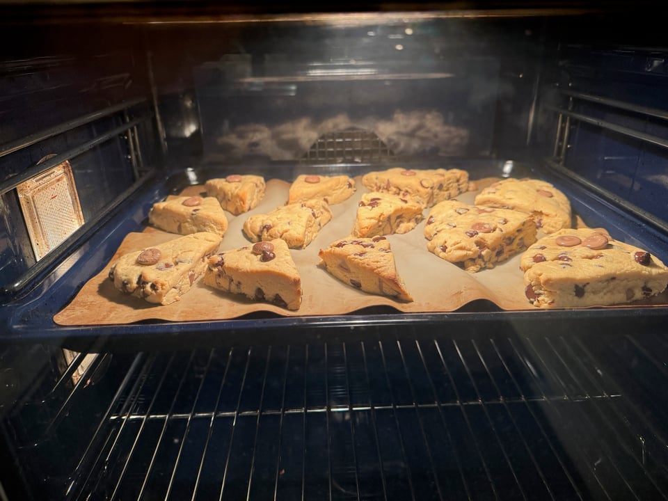 Peanut butter chocolate chip scones  in the oven