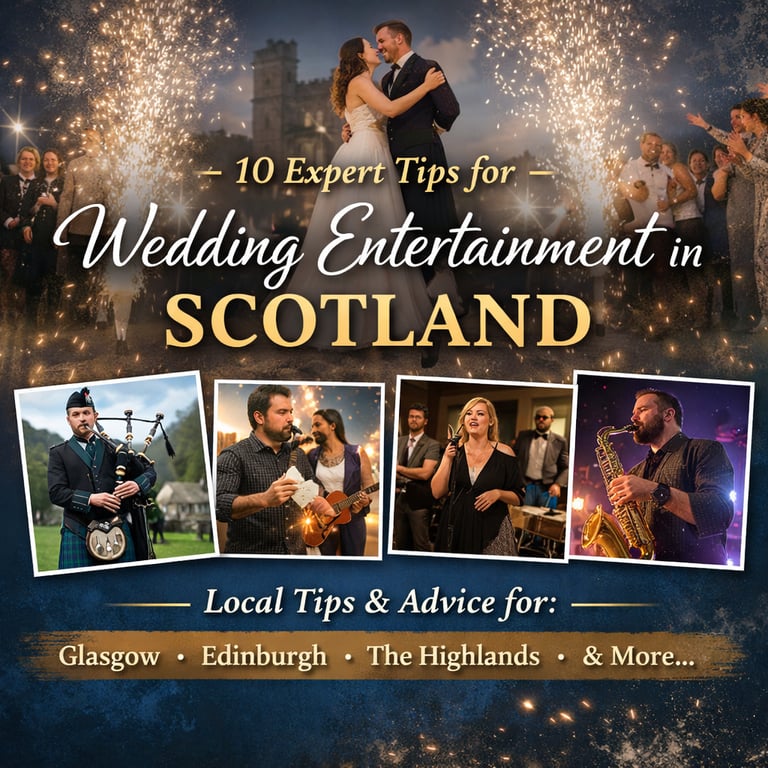 A picturesque Scottish wedding scene with a lively band, couples dancing, and festive decorations, embodying joyful celebration.