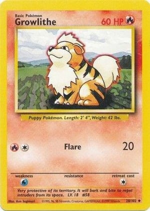 Growlithe #028/102  | Base Set Unlimited| Uncommon - Non Holo | Lightly Played