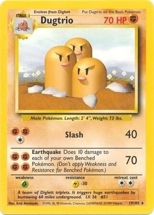 Dugtrio #019/102  | Base Set Unlimited| Rare - Non Holo | Moderately Played