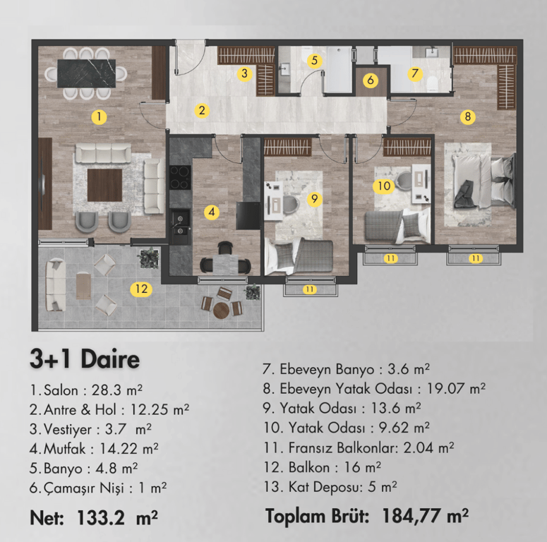 3+1 Daire Planı planı